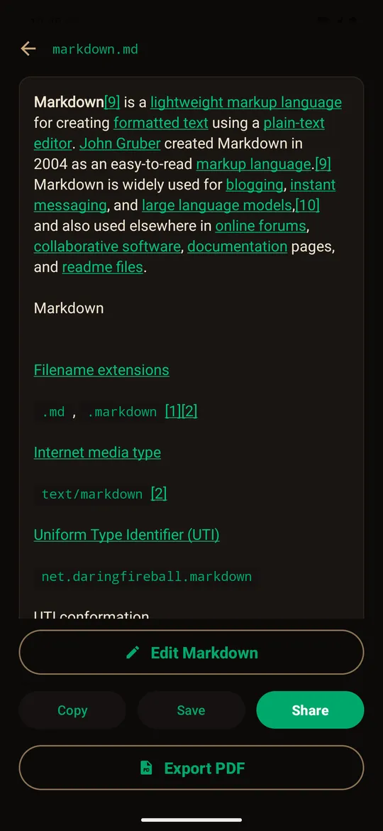 SiteToMD on Android showing a clipped article as formatted Markdown, with Edit, Save, Share and Export PDF buttons.